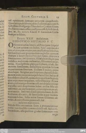 Epist. XXII. Mediolanum. Ludovico Septalio V. C.