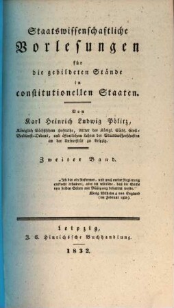 Staatswissenschaftliche Vorlesungen für die gebildeten Stände in constitutionellen Staaten, 2