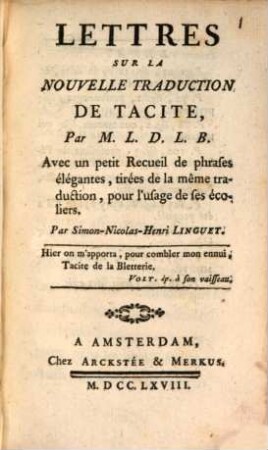 Lettres Sur La Nouvelle Traduction De Tacite