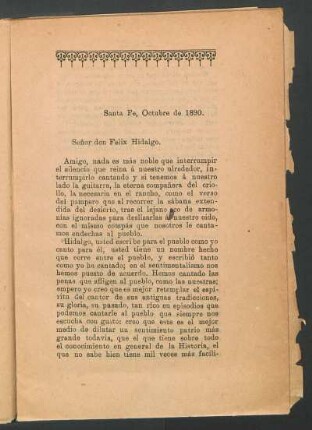 [Señor don Félix Hidalgo.] : Santa Fe, octubre de 1890.