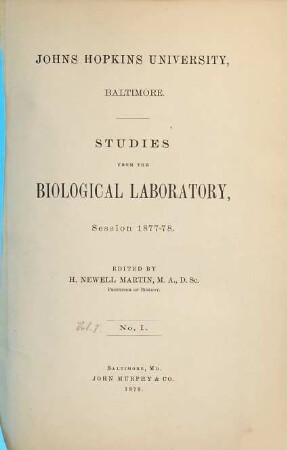 Studies from the Biological Laboratory, 1,1. 1877/78 (1879)