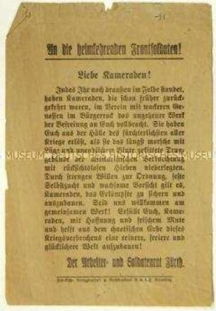 Bekanntmachung des Fürther Arbeiter- und Soldatenrates für die Kriegsheimkehrer über die Novemberrevolution