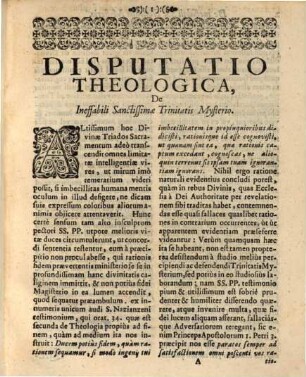 Disputatio Theologica De Ineffabili SS. Trinitatis Mysterio