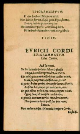 Euricii Cordi Epigrammatum Liber Tertius.