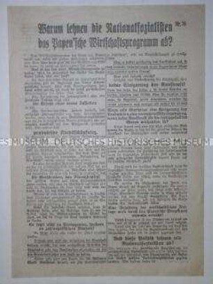 Propagandaflugblatt der NSDAP zur Reichstagswahl am 6. November 1932 mit scharfer Polemik gegen die Wirtschaftspolitik der Papen-Regierung