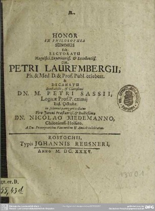 Honor in philosophia summus ... collatus ... Nic. Riedemanno ... celebratus