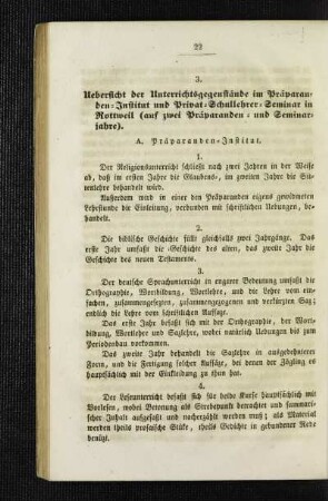 Uebersicht der Unterrichtsgegenstände im Präparanden-Institut und Privat-Schullehrer-Seminar in Rottweil (auf zwei Präparanden- und Seminarjahre)