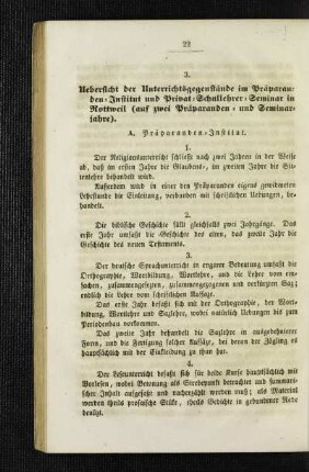 Uebersicht der Unterrichtsgegenstände im Präparanden-Institut und Privat-Schullehrer-Seminar in Rottweil (auf zwei Präparanden- und Seminarjahre)