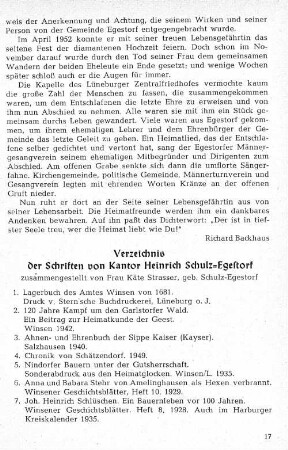 Verzeichnis der Schriften von Kantor Heinrich Schulz-Egestorf : zusammengestellt von Frau Käte Strasser, geb. Schulz-Egestorf