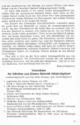 Verzeichnis der Schriften von Kantor Heinrich Schulz-Egestorf : zusammengestellt von Frau Käte Strasser, geb. Schulz-Egestorf