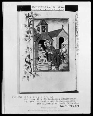 Deutsches Gebetbuch (Waldburg-Gebetbuch) — Der heilige Remigius tauft Chlodwig, Folio 76verso