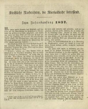 Kirchliche Nachrichten, die Nicolaikirche betreffend. Zum Jahresanfang 1837