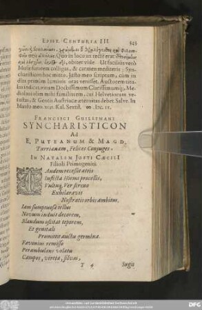 Francisci Guillimani Syncharisticon Ad E. Puteanum & Magd. Turrianam, Felices Coniuges, In Natalem Iusti Caecili[i] Filioli Primogeniti.