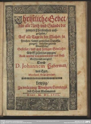 Christliche Gebet für alle Noth und Stände ...