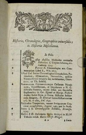 Historia, Chronologia, Geographia universalis: it. Historia Miscellanea.