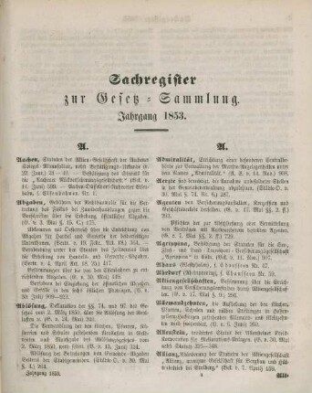 Sachregister zur Gesetz-Sammlung. Jahrgang 1853