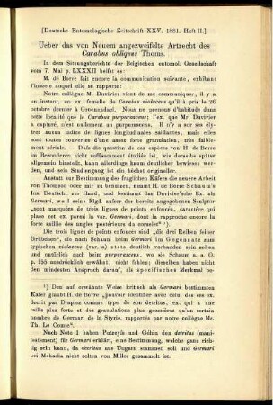 Ueber das von Neuem angezweifelte Artrecht des Carabus obliquus Thoms.