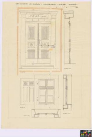 Oberlungwitz (Kreis Glauchau): Pferdefrohngut F. Schubert. - Haustür (Ansicht, Vertikalschnitt A-B). - Fenster (Ansicht, Vertikalschnitt C-D, Horizontalschnitt A-B)