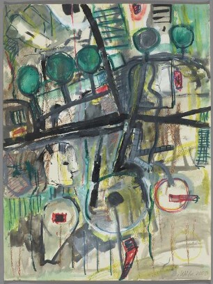 Landschaft mit Kopf, Figur und vier Bäumen