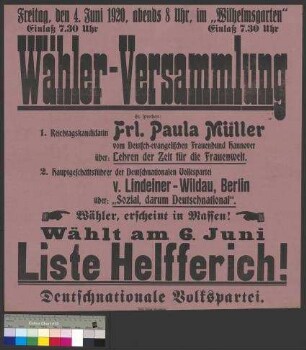 Plakat zu einer Wahlversammlung der DNVP am 4. Juni 1920 in Braunschweig