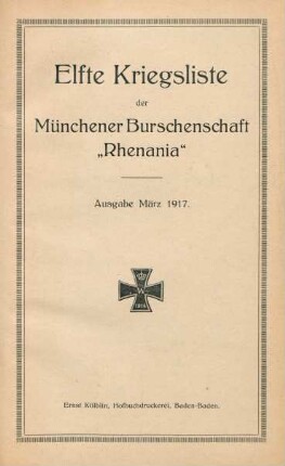 11.1917: Kriegsliste der Münchener Burschenschaft Rhenania