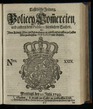 Nro. XIX, Montags, den 21. Julii 1749