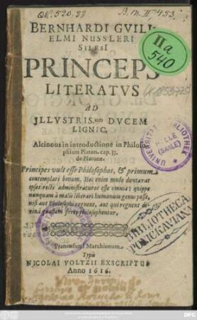 Bernhardi Guilielmi Nussleri Silesi[i] Princeps Literatus