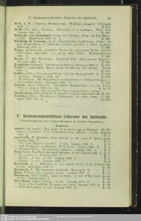 F. Schönwissenschaftliche Litteratur des Auslandes : (Einschliesslich der Uebersetzungen in fremde Sprachen)