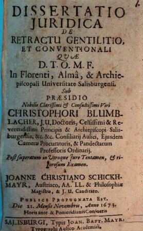 Diss. iur. de retractu gentilitio et conventionali