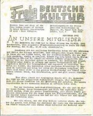 Hektografiertes Mitteilungsblatt des Freien Deutschen Kulturbundes in England u.a. zur Eröffnung der Ausstellung "Children's Art"