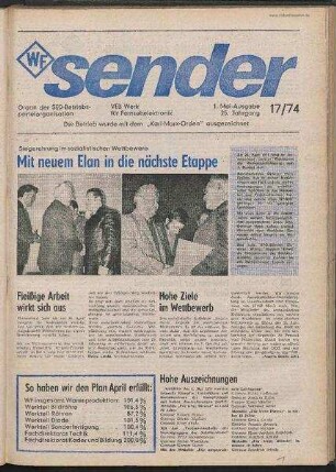 Betriebszeitung 'WF-Sender', Nr.17/1974 (1. Maiausgabe 1974)