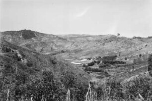 Hügellandschaft : Blick in eine hügelige Landschaft. An den Hängen Baumpflanzungen im Hintergrund. In der Bildmitte einige Wirtschaftsgebäude der Plantage.