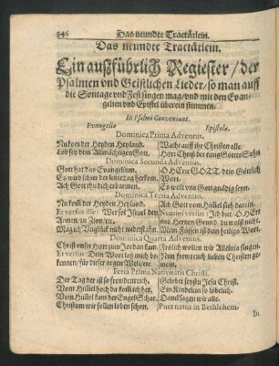 Das neundte Tractätlein. Ein ausführlich Regiester/ der Psalmen und Geistlichen Lieder/ so man auff die Sontage und Fest singen mag ...