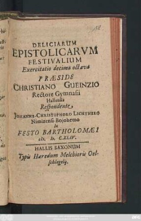 Deliciarum Epistolicarum Festivalium Exercitatio decima octava