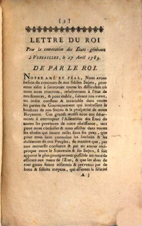 Lettre du roi pour la convocation des états-géneraux à Versailles le 27. Avril 1789