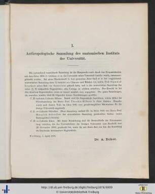 I. Anthropologische Sammlung des anatomischen Instituts der Universität