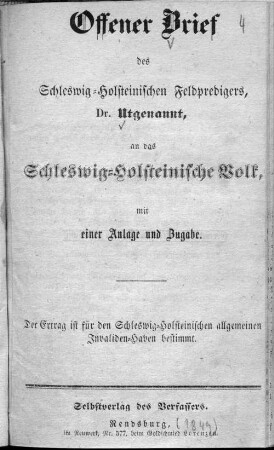 Offener Brief des ... Dr. Utgenannt an das schleswig-holsteinische Volk