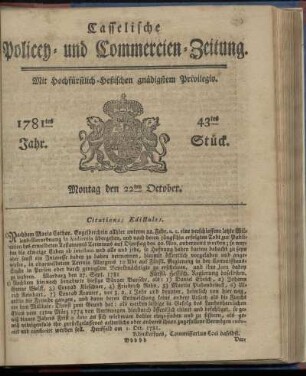 1781tes Jahr. 43tes Stück. Montag den 22ten October