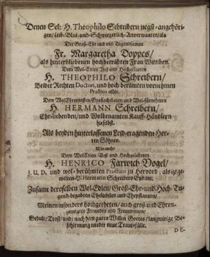 Denen [...] H. Theophilo Schreibern [...] Der Groß-Ehr und viel Tugendsamen Fr. Margaretha Doppes [...] Dem Wol-Edlen [...] H. Theophilo Schreibern [...] und Wol-fürnehmen H. Hermann Schreibern [...]