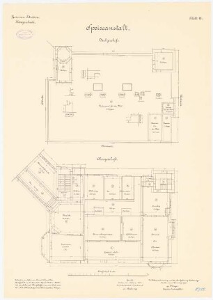 Kriegsschule der Garnison Potsdam: Speiseanstalt: Grundriss Obergeschoss, Dachgeschoss 1:100