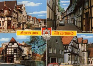 Postkarte. Gruss aus Alt-Detmold. Krumme Straße, Adolfstraße, Bruchstraße, Krumme Straße u. Volkshochschule