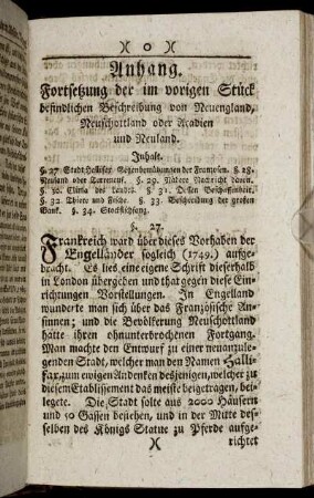Anhang. Fortsetzung der im vorigen Stück befindlichen Beschreibung von Neuengland, Neuschottland oder Acadien und Neuland.