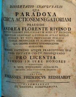 Diss. inaug. quae paradoxa circa actionem negatoriam