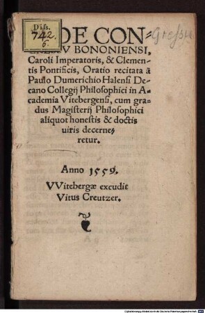 De Congressv Bononiensi, Caroli Imperatoris, & Clementis Pontificis, Oratio