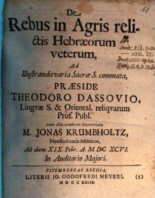 De Rebus in Agris relictis Hebræorum veterum : Ad Illustranda varia Sacræ S. commata