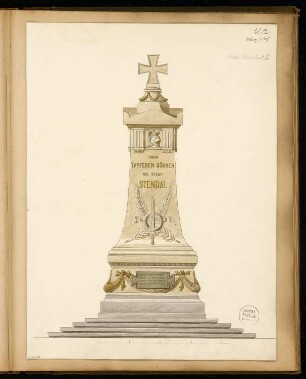 Gefallenendenkmal, Stendal Monatskonkurrenz März 1875: Aufriss Vorderansicht; Maßstabsleiste