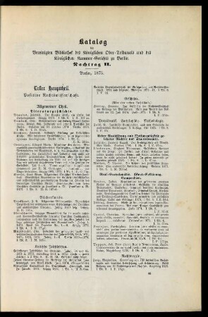 Katalog der Vereinigten Bibliothek des Königlichen Ober-Tribunals und des Königlichen Kammer-Gerichts zu Berlin. Nachtrag II. Berlin, 1875.