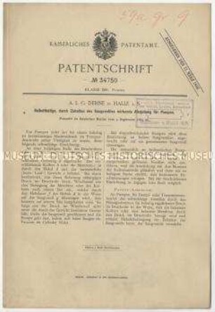Patentschrift einer selbsttätigen, durch Zuhalten des Saugventils wirkende Abstellung für Pumpen, Patent-Nr. 34750