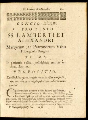 Concio XXXIV. Pro Festo SS. Lamberti Et Alexandri Martyrum, ac Patronum Urbis Friburgensis Brisgoiae.