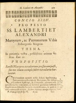 Concio XXXIV. Pro Festo SS. Lamberti Et Alexandri Martyrum, ac Patronum Urbis Friburgensis Brisgoiae.